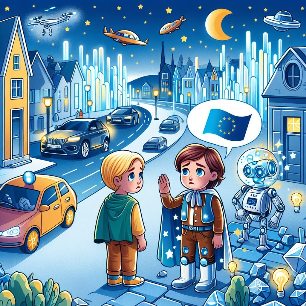 Une illustration destinée aux enfants représentant un jeune garçon vivant dans une ville futuriste, faisant la rencontre d'un ami triste et ensemble, ils explorent les rues illuminées de Futurópolis, où les voitures volent dans le ciel, les maisons sont en cristal transparent et les robots les aident dans leurs aventures.