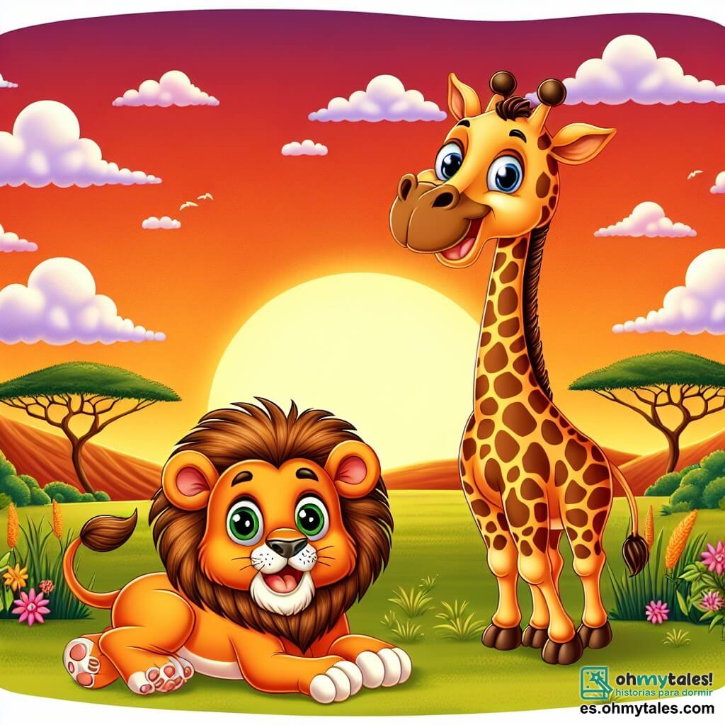 Une illustration destinée aux enfants représentant un lionceau joueur et espiègle, accompagné d'une girafe rigolote, dans une savane colorée et animée par le coucher du soleil.