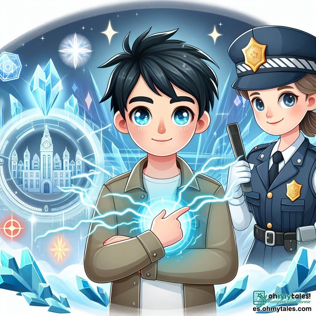 Une illustration destinée aux enfants représentant un jeune homme aux cheveux noirs et aux yeux brillants, doté de pouvoirs électriques, protégeant la ville de Cristalina avec l'aide d'une courageuse policière, dans un décor magique où la technologie et la magie se mêlent harmonieusement.