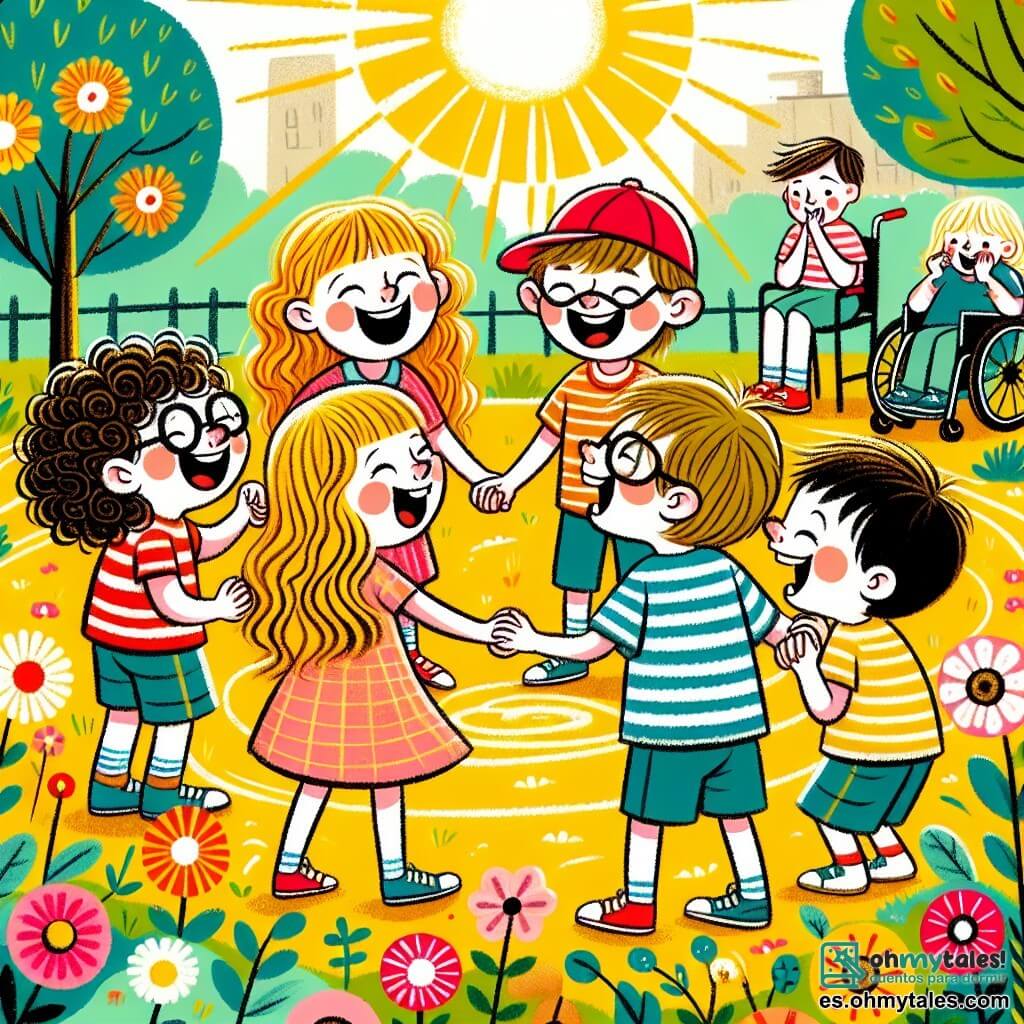 Une illustration sous forme de dessin destinée aux enfants représentant un parc ensoleillé rempli de fleurs colorées, où un groupe de quatre enfants de 11 ans, deux filles aux cheveux bouclés et une casquette rouge, et deux garçons avec des t-shirts à rayures, se tiennent en cercle en riant aux éclats, partageant des blagues et des histoires drôles, tandis qu'un garçon aux lunettes et une fille en fauteuil roulant les encouragent avec des gestes enthousiastes, créant une atmosphère joyeuse et amicale, pleine de rires et de complicité.
