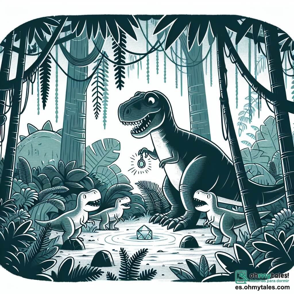 Une illustration destinée aux enfants représentant un tyrannosaure Rex intrépide et curieux découvrant un mystérieux amulette brillant, accompagné de ses amis dinosaures, dans la profondeur de la jungle préhistorique, entre les fougères luxuriantes et les arbres immenses.