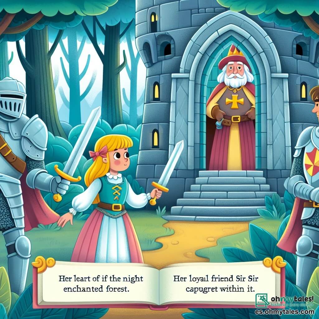 Une illustration destinée aux enfants représentant une chevalière intrépide affrontant un hechicero maléfique dans une tour ensorcelée au cœur d'un mystérieux Bosque Encanté, avec son fidèle ami, le chevalier Sir Guillermo, capturé en son sein.