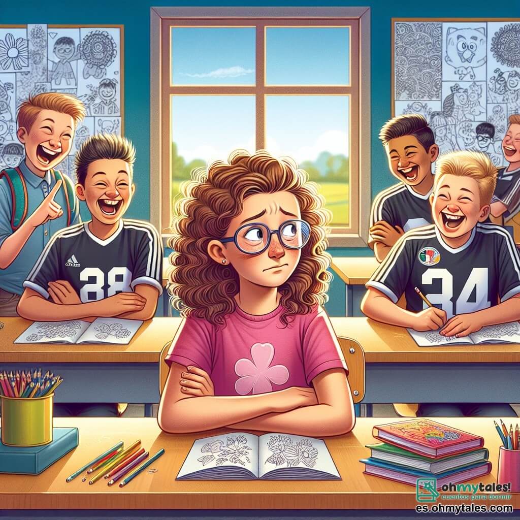 Une illustration sous forme de dessin destinée aux enfants représentant une salle de classe colorée avec des murs ornés de dessins d'enfants, où une fille de 11 ans aux cheveux bruns et bouclés, portant un t-shirt rose et des lunettes, se tient au centre, visiblement nerveuse, tandis qu'un groupe de garçons moqueurs aux cheveux blonds et courts, habillés en t-shirts de sport, se tient à l'arrière-plan en riant, illustrant la situation de harcèlement scolaire, avec des livres et des crayons éparpillés sur les bureaux, et une fenêtre laissant entrer la lumière du soleil, symbolisant l'espoir et le changement.