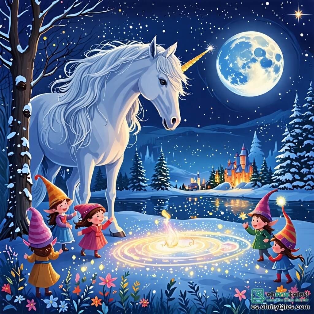Une illustration sous forme de dessin destinée aux enfants représentant un clair de lune magique dans le royaume féerique de Luminaria, où une majestueuse licorne à la crinière scintillante et au pelage blanc comme la neige se tient au bord d'un lac étincelant, entourée de petits duendes joyeux aux chapeaux colorés qui dansent et rient, tandis qu'ils admirent les dessins que la licorne crée sur le sol avec sa corne lumineuse, capturant l'essence de la magie et de la créativité qui imprègne cet endroit enchanteur.