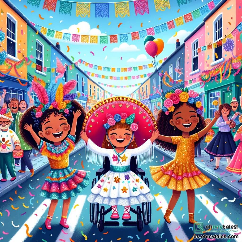 Ilustración que representa una escena festiva de carnaval en una calle animada, bordeada de casas coloridas decoradas con serpentinas y globos. El cielo es de un azul brillante, salpicado de nubes suaves y esponjosas. En el centro, tres niñas de aproximadamente 8 años están bailando alegremente. La primera niña, con cabello rizado y una gran sonrisa, lleva un sombrero rojo brillante adornado con plumas coloridas. La segunda, con cabello liso y una corona de flores, tiene alas de mariposa brillantes, decoradas con purpurina. La tercera, que usa una pequeña silla de ruedas, brilla con su vestido adornado de estrellas doradas y pinta estrellas en su silla. Las niñas están rodeadas de confeti colorido que cae del cielo, mientras adultos y otros niños bailan y ríen a su alrededor. En el fondo, músicos tocan instrumentos festivos, sumando a la atmósfera alegre y vibrante del carnaval. Las caras están llenas de felicidad y emoción, capturando el espíritu mágico de este día inolvidable.