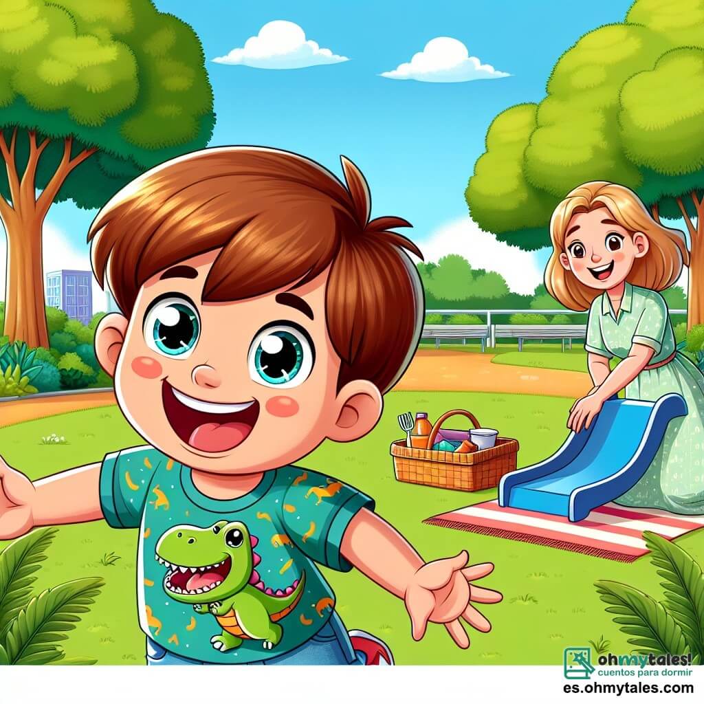 Une illustration sous forme de dessin destinée aux enfants représentant un parc ensoleillé avec des arbres verdoyants et une grande aire de jeux, où un garçon de 7 ans aux cheveux bruns et aux yeux pétillants, vêtu d'une t-shirt à motifs de dinosaures, joue joyeusement sur un toboggan, tandis qu'une femme souriante, sa mère, aux cheveux châtains et portant une robe légère, étend une couverture sur l'herbe et prépare un pique-nique, illustrant un moment de bonheur familial malgré la séparation de ses parents.