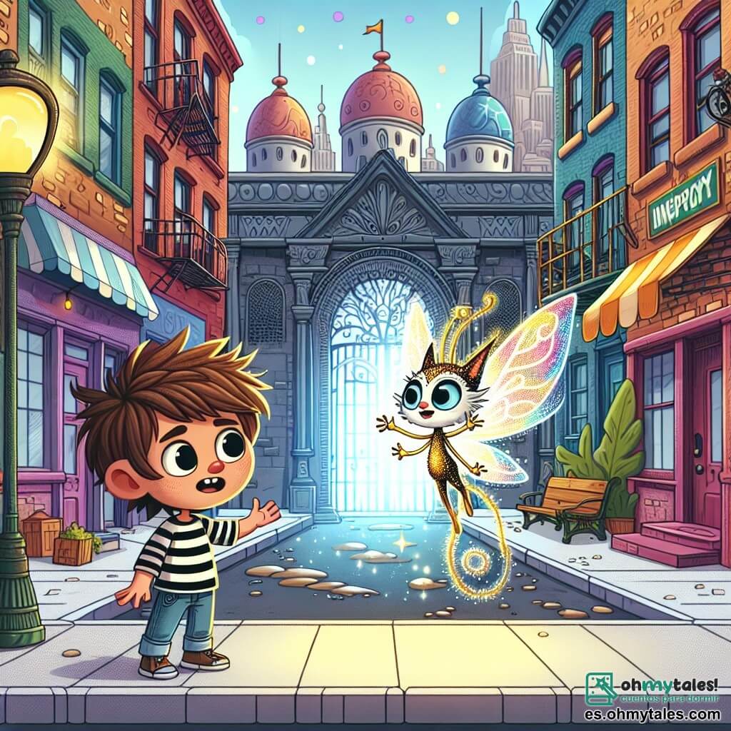 Une illustration sous forme de dessin destinée aux enfants représentant une rue animée d'une ville moderne, avec des bâtiments colorés et des graffitis vibrants, où un garçon de 5 ans aux cheveux bruns en bataille et portant un t-shirt rayé observe avec émerveillement une petite créature féerique ressemblant à un chat aux ailes scintillantes, alors qu'ils se tiennent devant une porte ancienne et mystérieuse qui émet une lueur magique, symbolisant leur aventure pour sauver la ville d'un maléfique sorcier.