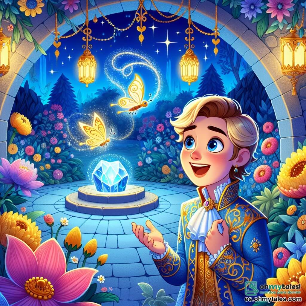 Une illustration sous forme de dessin destinée aux enfants représentant un jardin secret enchanteur dans le royaume d'Estrellalandia, avec des fleurs colorées chantant au vent, où un jeune prince au visage souriant, vêtu d'un élégant costume bleu avec des motifs dorés, se tient émerveillé devant une pierre brillante qui pulse comme un cœur, tandis qu'une mariposa magique, petite et lumineuse, vole autour de lui, illuminant la scène de sa douce lueur, capturant le moment où le prince découvre la magie de son cœur pur, entouré d'une atmosphère de joie et d'émerveillement.
