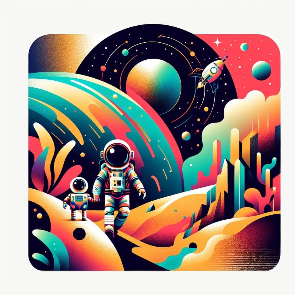 Une illustration destinée aux enfants représentant un astronaute courageux, perdu dans l'espace, accompagné d'un petit robot, explorant un planète mystérieuse aux paysages colorés et exotiques.