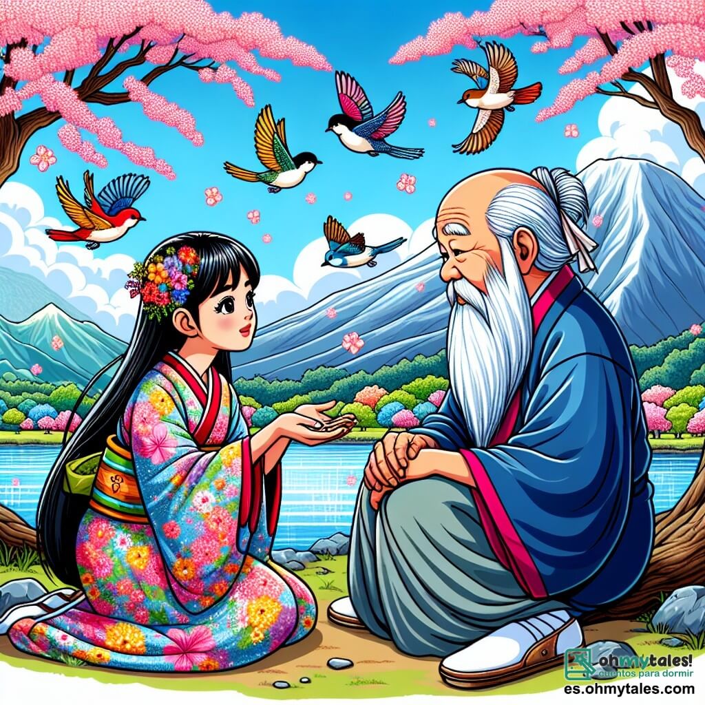Une illustration sous forme de dessin destinée aux enfants représentant un magnifique paysage de montagne japonaise, avec des cerisiers en fleurs et un ciel bleu clair, où une jeune femme aux cheveux noirs comme la nuit, vêtue d'un kimono coloré, écoute attentivement un ancien sage à la barbe blanche, assis près d'un lac scintillant, tandis que des oiseaux colorés volent autour d'eux, capturant l'instant où elle apprend à écouter la sagesse de la montagne pour découvrir le trésor caché.