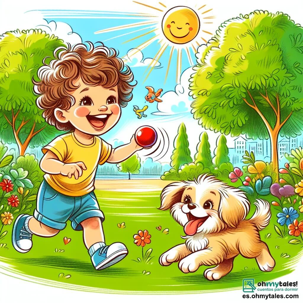 Une illustration sous forme de dessin destinée aux enfants représentant un parc ensoleillé avec des arbres verdoyants et des fleurs colorées, où un garçon de 1 an aux cheveux bruns et bouclés, vêtu d'un t-shirt jaune et de shorts bleus, rit joyeusement en lançant une petite balle rouge, tandis qu'un petit chien pelucheux aux poils dorés, avec des grandes oreilles et une queue qui remue, court après la balle, capturant l'instant où ils s'amusent ensemble, illustrant ainsi la magie de l'amitié et le bonheur du jeu.