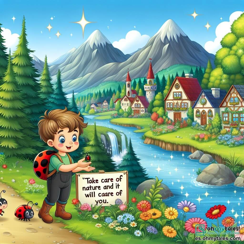 Une illustration destinée aux enfants représentant un jeune garçon intrépide, accompagné d'une petite coccinelle, découvrant un panneau indiquant "Cuida de la naturaleza y ella cuidará de ti", dans un village pittoresque entouré de montagnes verdoyantes et de fleurs colorées, où les rivières scintillantes et les arbres majestueux créent un paysage enchanteur.