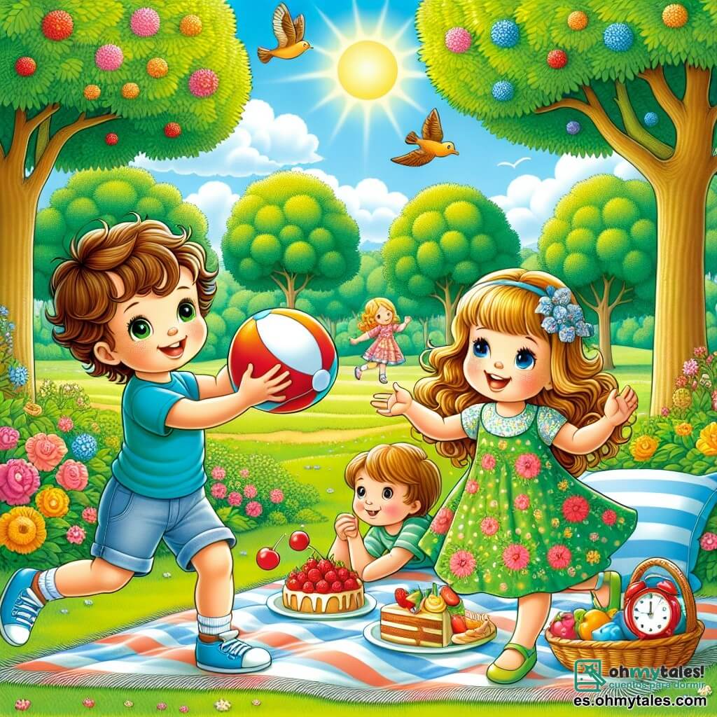 Ilustración de un parque soleado con majestuosos árboles de brillantes hojas verdes, un cielo azul claro salpicado de algunas nubes blancas y esponjosas, y un gran césped donde florecen coloridas flores. En el centro de la imagen, un niño de cuatro años, con cabello rizado y castaño, sonríe con ojos brillantes mientras lanza una pelota roja a una niña de su edad, con cabello largo y rubio, que lleva un vestido de flores y se prepara para atrapar la pelota con entusiasmo. A su lado, un niño de cabello castaño, un poco más alto, con una camiseta azul y pantalones cortos, observa con una sonrisa alegre, listo para unirse al juego. La escena irradia alegría y amistad, con una manta a rayas coloridas extendida en el suelo, rodeada de deliciosos bocadillos como pasteles y frutas. Los pájaros cantan en los árboles y el sol brilla, creando un ambiente cálido y acogedor.