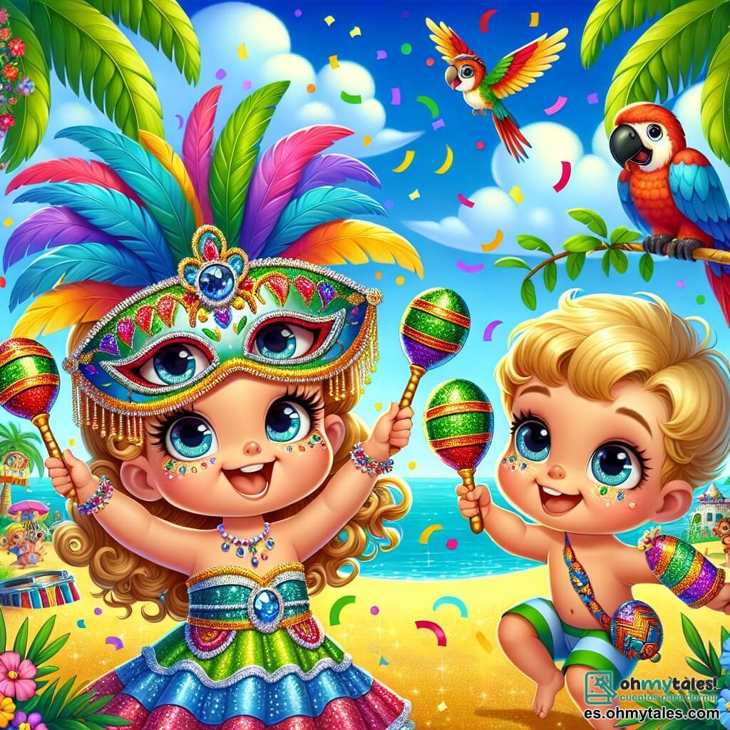 Ilustración que representa una escena vibrante de un carnaval en una isla colorida. El cielo es de un azul brillante, salpicado de nubes esponjosas, mientras que las palmeras de hojas verdes bailan al ritmo del viento. En el centro, una niña de 1 año, con grandes ojos brillantes y cabello rizado, lleva una hermosa máscara brillante y colorida. Sonríe alegremente, con los brazos en alto, mientras baila sobre la arena dorada. A su lado, un niño de aproximadamente 3 años, con cabello rubio y mejillas rosadas, agita maracas coloridas, mientras un loro de plumas brillantes rojas y verdes se posa en su hombro, añadiendo a la atmósfera festiva. Una mariposa de alas multicolores vuela a su alrededor, creando un torbellino de colores. La escena captura la energía del carnaval, con confeti flotando en el aire y guirnaldas de flores decorando las palmeras. Las risas y la música parecen casi visibles, llenando el ambiente de alegría y magia.