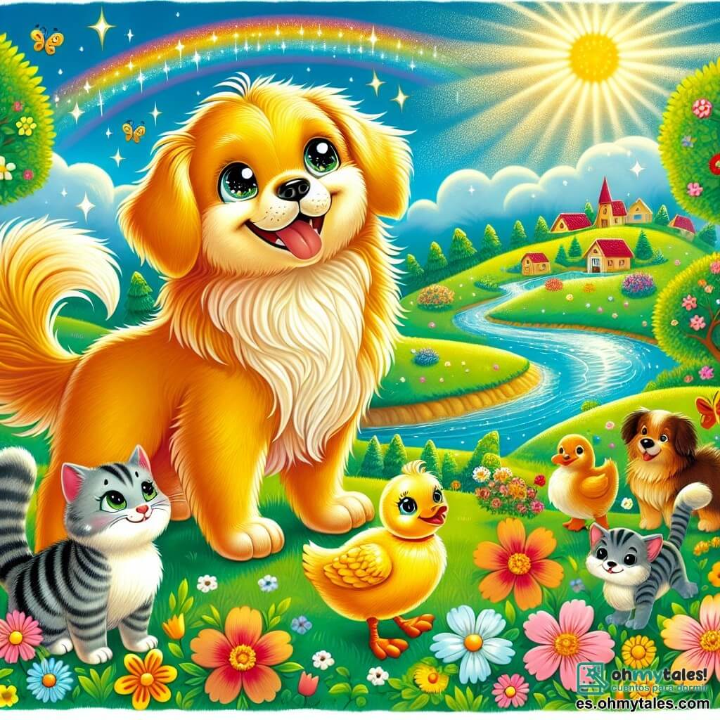 Une illustration destinée aux enfants représentant un chien au pelage doré et soyeux, aux yeux pétillants de curiosité, se tenant fièrement sur une colline verdoyante, entouré de fleurs colorées dans un petit village ensoleillé, tandis qu'il rêve d'aventures palpitantes au-delà des collines, accompagné de ses fidèles amis, un chat espiègle aux rayures grises et un canard joyeux aux plumes éclatantes, tous prêts à explorer ensemble les merveilles d'un monde rempli de rivières scintillantes, de forêts mystérieuses et de prairies fleuries.