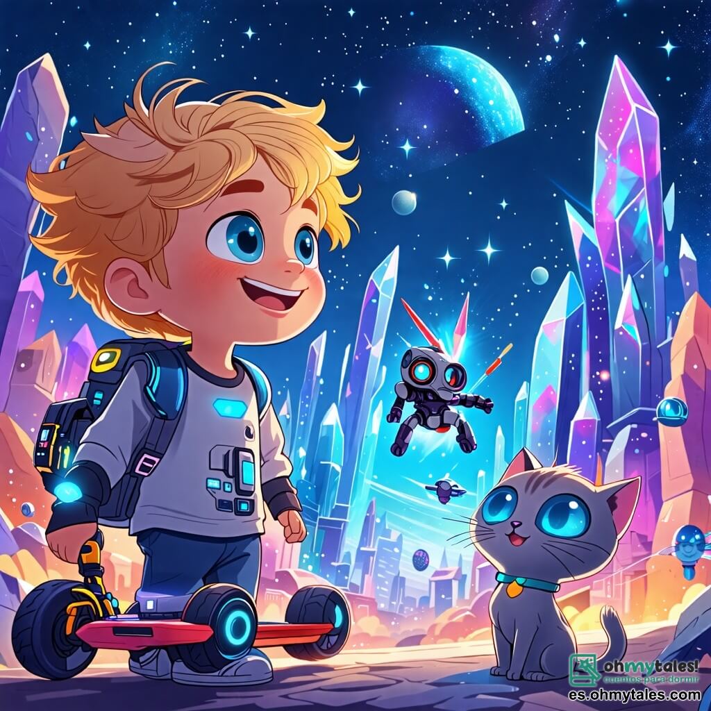Une illustration sous forme de dessin destinée aux enfants représentant un paysage futuriste de Neónpolis, avec des bâtiments en cristal coloré scintillant sous un ciel étoilé, au premier plan un garçon de 6 ans aux grands yeux bleus et à la chevelure dorée, souriant et tenant un hoverboard flottant, tandis qu'à ses côtés se trouve un petit robot en forme de chat, gris et aux yeux ronds, qui vole joyeusement, tous deux observant un groupe de malfaiteurs riant dans un coin sombre, avec des gadgets futuristes étincelants autour d'eux, capturant l'instant où les amis planifient leur stratégie pour récupérer un cristal volé qui contrôle l'énergie de la ville.