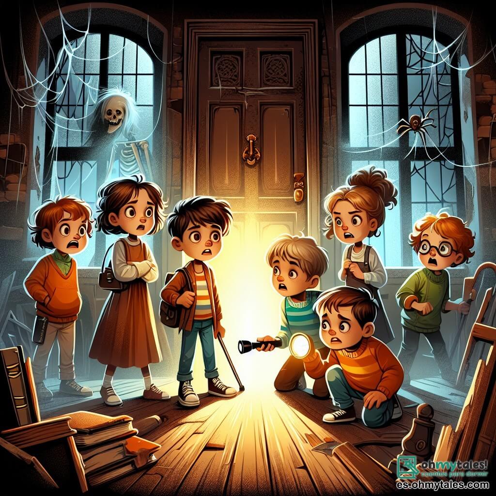 Ilustración que representa una escena en una vieja casa abandonada, con paredes deterioradas y telarañas colgando en las esquinas de las ventanas polvorientas. El suelo está cubierto de viejos tablones de madera que crujen bajo el peso de los personajes. En el centro de la imagen, un niño de unos 10 años, con el cabello castaño desordenado y ojos curiosos, sostiene una linterna que ilumina su rostro preocupado. A su lado, una niña de 9 años, con cabello rizado y una expresión de determinación, mira hacia una puerta entreabierta, con el brazo extendido como invitando a los demás a avanzar. Otro niño, de aproximadamente 11 años, con una sonrisa nerviosa y gafas, se queda un poco atrás, mientras que una niña de 10 años, con muleta, observa atentamente la escena, lista para apoyar a sus amigos. La situación principal muestra al grupo de niños frente a una puerta misteriosa, con una extraña luz que emana del interior, mientras una sombra inquietante se perfila detrás de ellos, creando una atmósfera de suspense. Libros antiguos y papeles amarillentos están esparcidos a su alrededor, añadiendo un toque de misterio al entorno. Los colores oscuros y las sombras acentúan la sensación de escalofrío, mientras que una luz suave emerge de la puerta, prometiendo tanto peligro como descubrimiento.