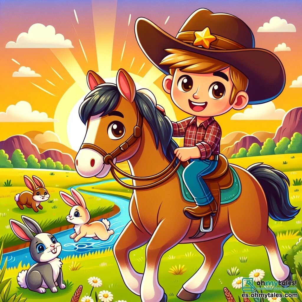 Une illustration sous forme de dessin destinée aux enfants représentant un vaste paysage de prairie ensoleillée, avec un jeune homme au visage souriant, portant un grand chapeau de cow-boy et une chemise à carreaux, montant un cheval rapide au pelage brillant, tandis qu'à ses côtés se tient un petit lapin aux longues oreilles, regardant avec espoir vers un groupe de lapins qui jouent près d'un ruisseau, capturant l'instant où le jeune homme aide son nouvel ami à retrouver sa famille dans une ambiance joyeuse et amicale.