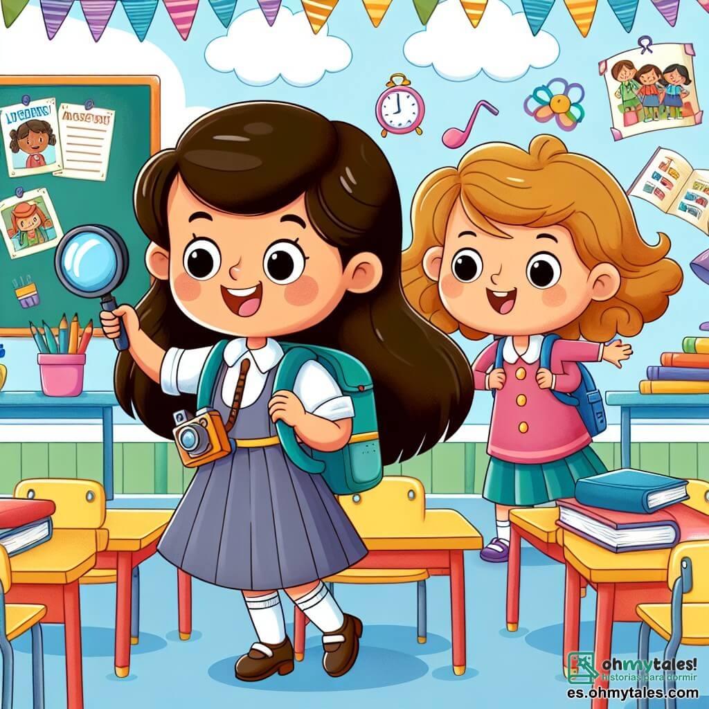 Une illustration destinée aux enfants représentant une fillette curieuse et enthousiaste vivant des aventures à l'école, accompagnée de sa meilleure amie, dans une salle de classe colorée remplie de pupitres et de livres.