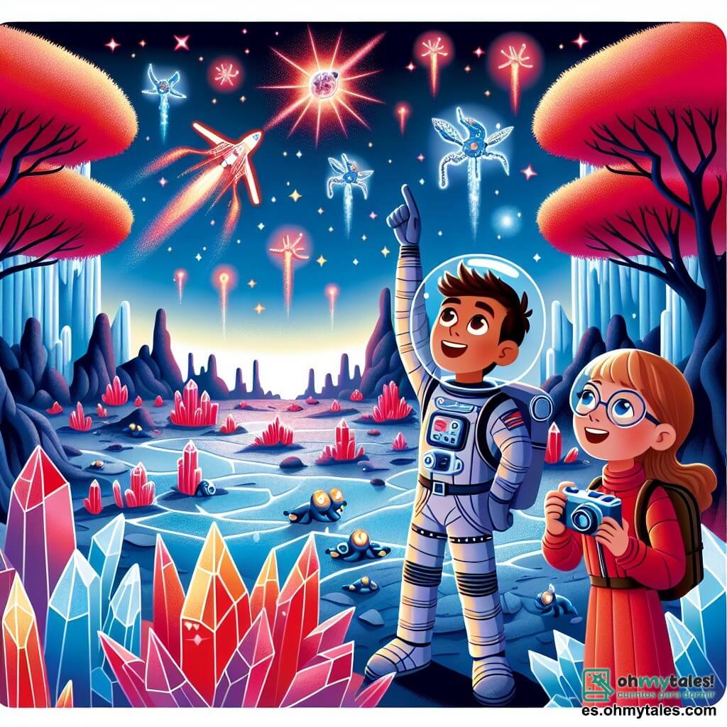 Une illustration sous forme de dessin destinée aux enfants représentant un paysage extraterrestre vibrant de couleurs, avec des arbres rouges et des rivières cristallines, où un homme aux cheveux bruns et aux yeux pétillants, vêtu d'un élégant costume spatial, observe émerveillé le ciel illuminé par un phénomène cosmique, tandis qu'à ses côtés, une fille aux cheveux blonds et aux lunettes, tenant une caméra, prend des photos des créatures volantes lumineuses, capturant l'instant magique où ils découvrent ensemble les merveilles d'un nouveau monde.