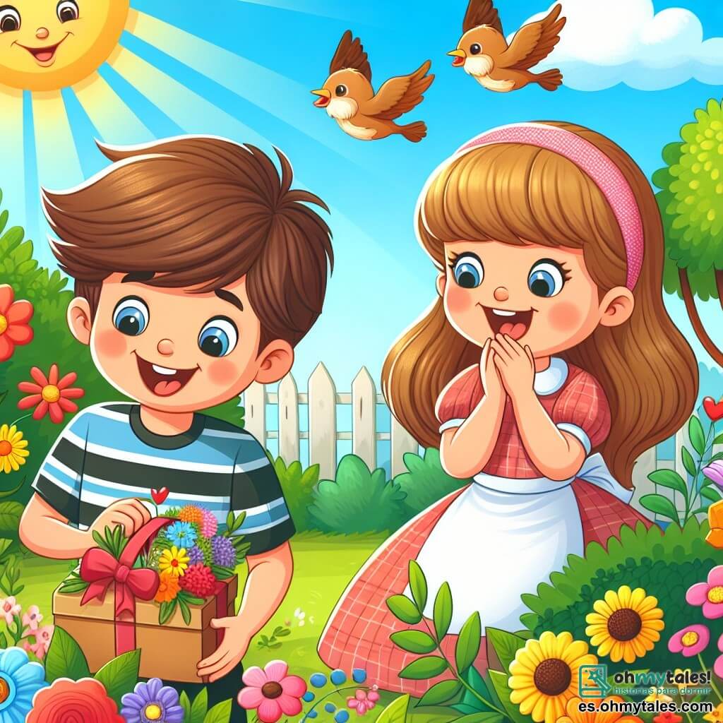 Une illustration destinée aux enfants représentant un garçon malicieux préparant une surprise pour sa meilleure amie, une fille joyeuse, dans un jardin ensoleillé rempli de fleurs colorées et d'oiseaux chantants.