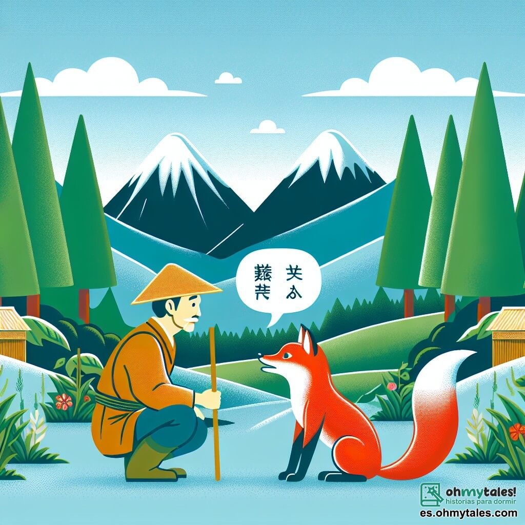 Une illustration destinée aux enfants représentant un homme humble et travailleur rencontrant un zorro rouge brillant qui parle, dans les montagnes de Japon, entouré de majestueux arbres verts et d'un ciel bleu clair.