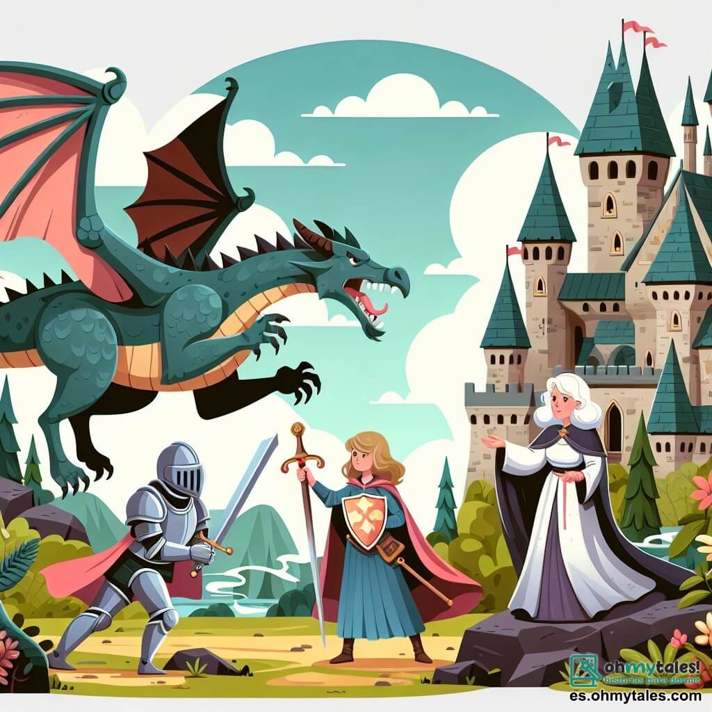 Une illustration destinée aux enfants représentant une chevalière courageuse affrontant un dragon redoutable, accompagnée d'une ancienne hechicera bienveillante, dans un royaume médiéval majestueux avec des châteaux imposants, des forêts enchantées et des montagnes mystérieuses.