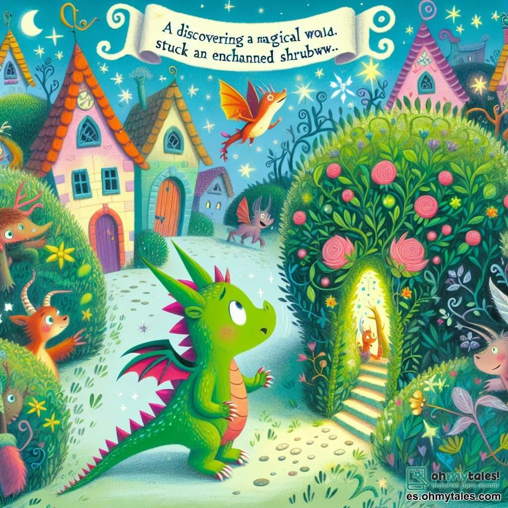 Une illustration destinée aux enfants représentant un petit dragon vert, coincé dans un arbuste enchanté, découvrant un monde magique rempli de créatures rigolotes dans un village coloré appelé Travesuras.