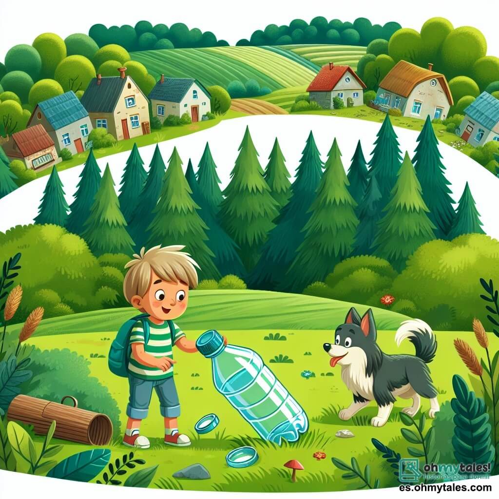 Une illustration destinée aux enfants représentant un garçon curieux et amoureux de la nature, découvrant une bouteille de plastique brillante dans un bosque verdoyant, accompagné de son fidèle chien Toby, dans un petit village entouré de champs verts et de bois touffus.