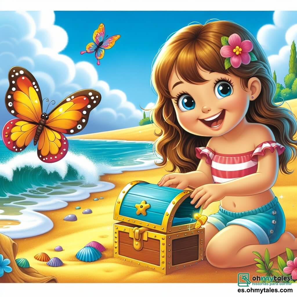 Une illustration destinée aux enfants représentant une fillette joyeuse découvrant un trésor sur la plage, accompagnée d'une mariposa colorée, dans un cadre idyllique de sable doré, vagues douces et ciel azul, pendant ses vacances d'été.