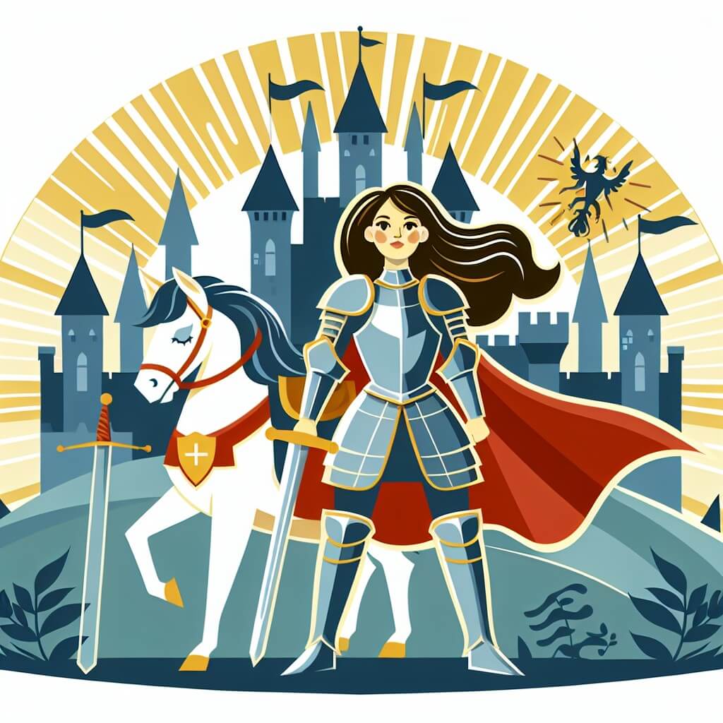 Une illustration destinée aux enfants représentant une chevalière courageuse et intrépide, se tenant fièrement devant un château majestueux, tandis qu'elle est entourée de son fidèle destrier et des rayons dorés du soleil qui illuminent la scène.