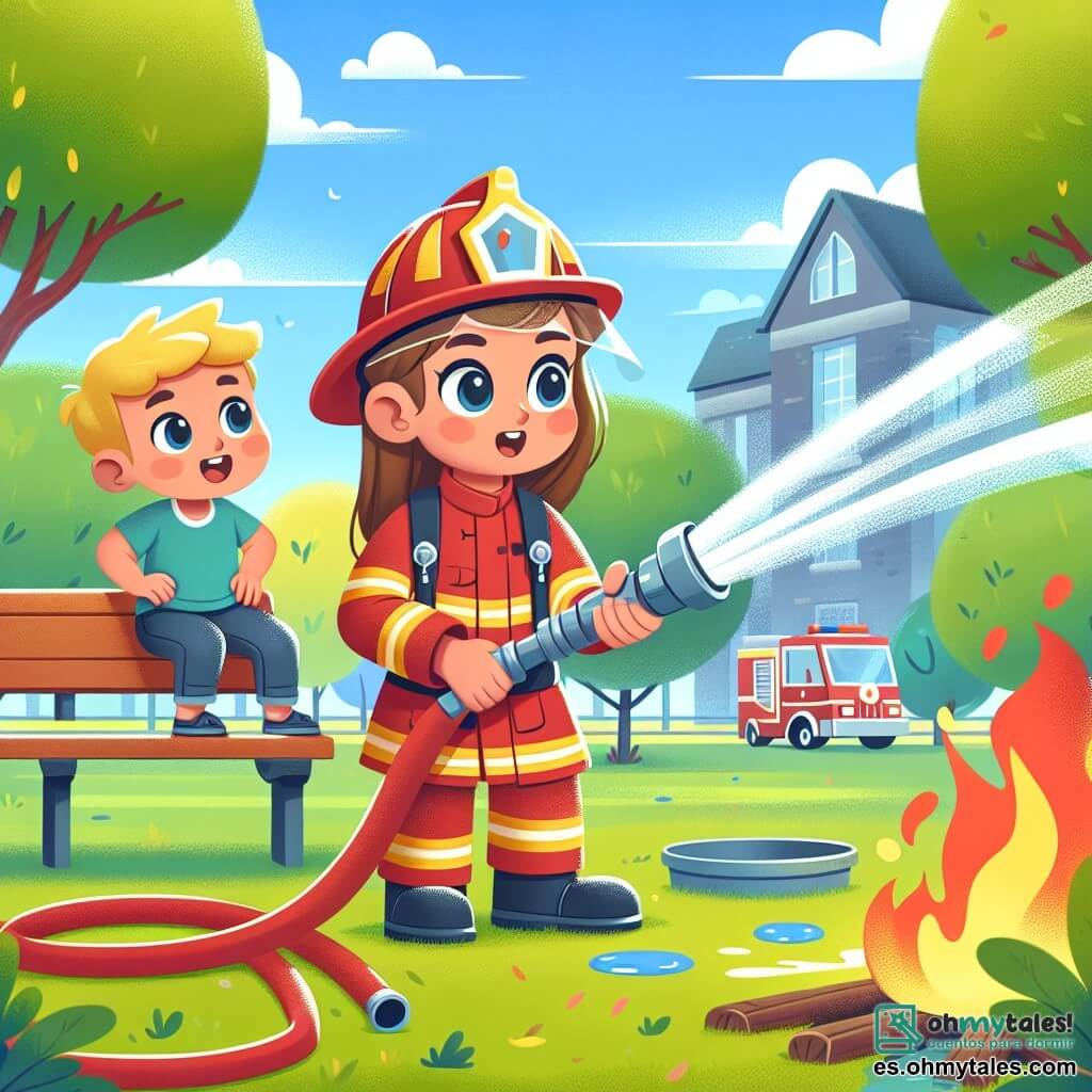 Une illustration sous forme de dessin destinée aux enfants représentant un parc ensoleillé avec des arbres verdoyants et un ciel bleu, où une femme pompier courageuse aux cheveux bruns attachés en queue de cheval, portant un casque brillant et un uniforme rouge, utilise une grande manguera pour éteindre un feu qui crépite près d'un banc, tandis qu'un garçon aux yeux écarquillés et aux cheveux blonds, vêtu d'un t-shirt bleu, observe avec admiration et enthousiasme, illustrant ainsi l'esprit d'équipe et le courage face à l'adversité.