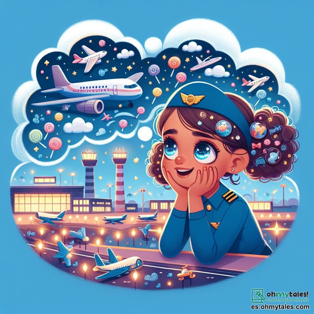 Une illustration destinée aux enfants représentant une jeune fille aux yeux pétillants et aux cheveux bouclés, rêvant de voler dans un ciel bleu parsemé de nuages en forme de bonbons, alors qu'elle écoute avec émerveillement une pilote charismatique en uniforme bleu, qui partage ses aventures aériennes dans un aéroport animé, entouré de grands avions colorés, de balises lumineuses et de la douce odeur de l'essence d'aviation flottant dans l'air.