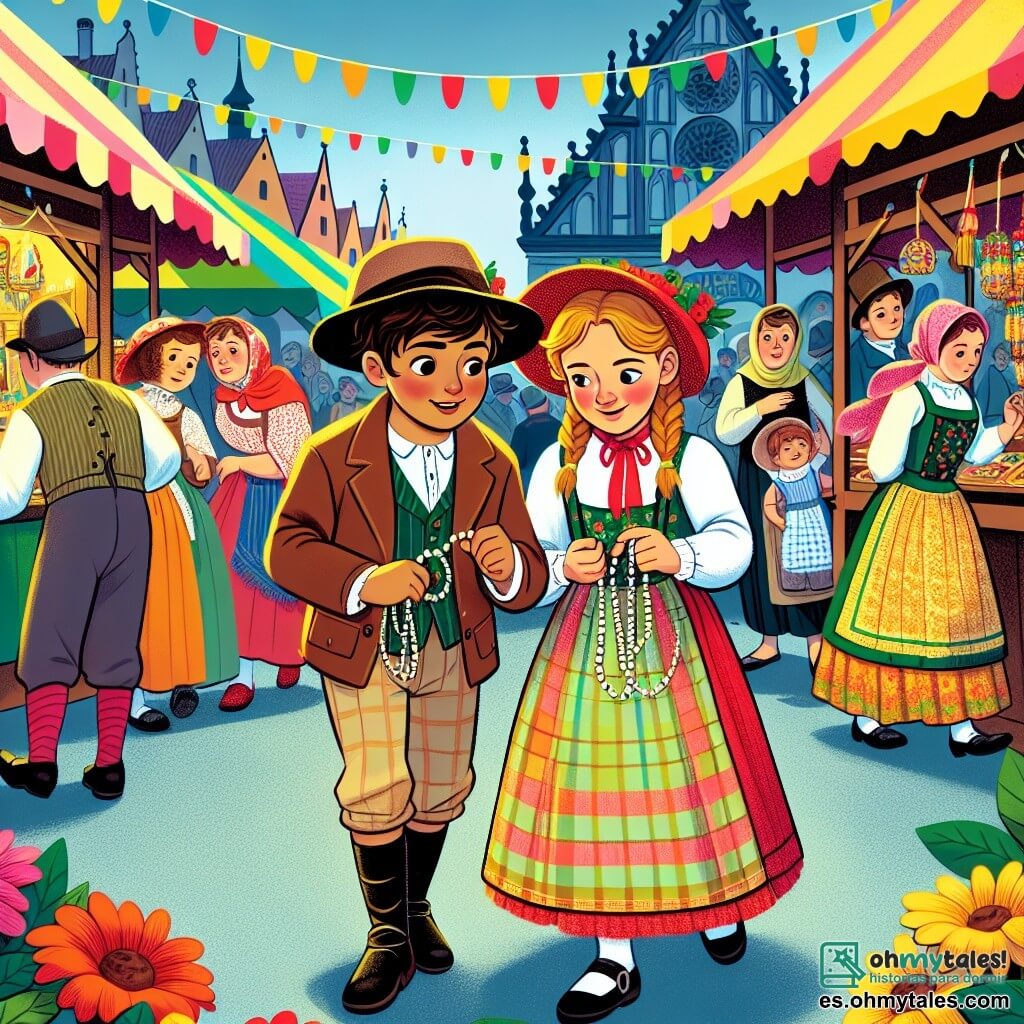 Une illustration destinée aux enfants représentant un jeune garçon curieux et malicieux, accompagné de sa fidèle amie, enquêtant sur la mystérieuse disparition d'un précieux collier de perles lors de la colorée et animée feria annuelle de Villa Esperanza, avec ses étals colorés, ses guirlandes de fleurs et ses joyeux habitants costumés.