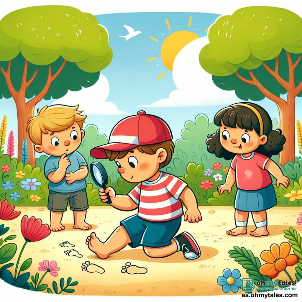 Une illustration sous forme de dessin destinée aux enfants représentant un parc ensoleillé avec des arbres verdoyants et des fleurs colorées, où un petit garçon de 4 ans, portant une gorra rouge et une t-shirt rayé, est accroupi avec une loupe à la main, examinant des traces dans le sable, tandis que deux enfants, une fille aux cheveux bouclés et une t-shirt rose, et un garçon aux cheveux bruns et un short bleu, l'observent avec curiosité, tous trois cherchant un jouet disparu, entourés de rires et d'une ambiance d'aventure.