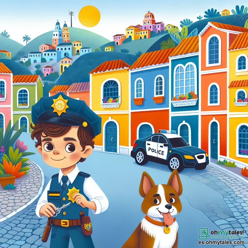 Une illustration destinée aux enfants représentant un jeune garçon en uniforme de policier, résolvant le mystère du pastel disparu avec l'aide de son fidèle chien policier dans le charmant village de Villa Alegre, où les maisons colorées bordent les rues pavées et les habitants sourient toujours.