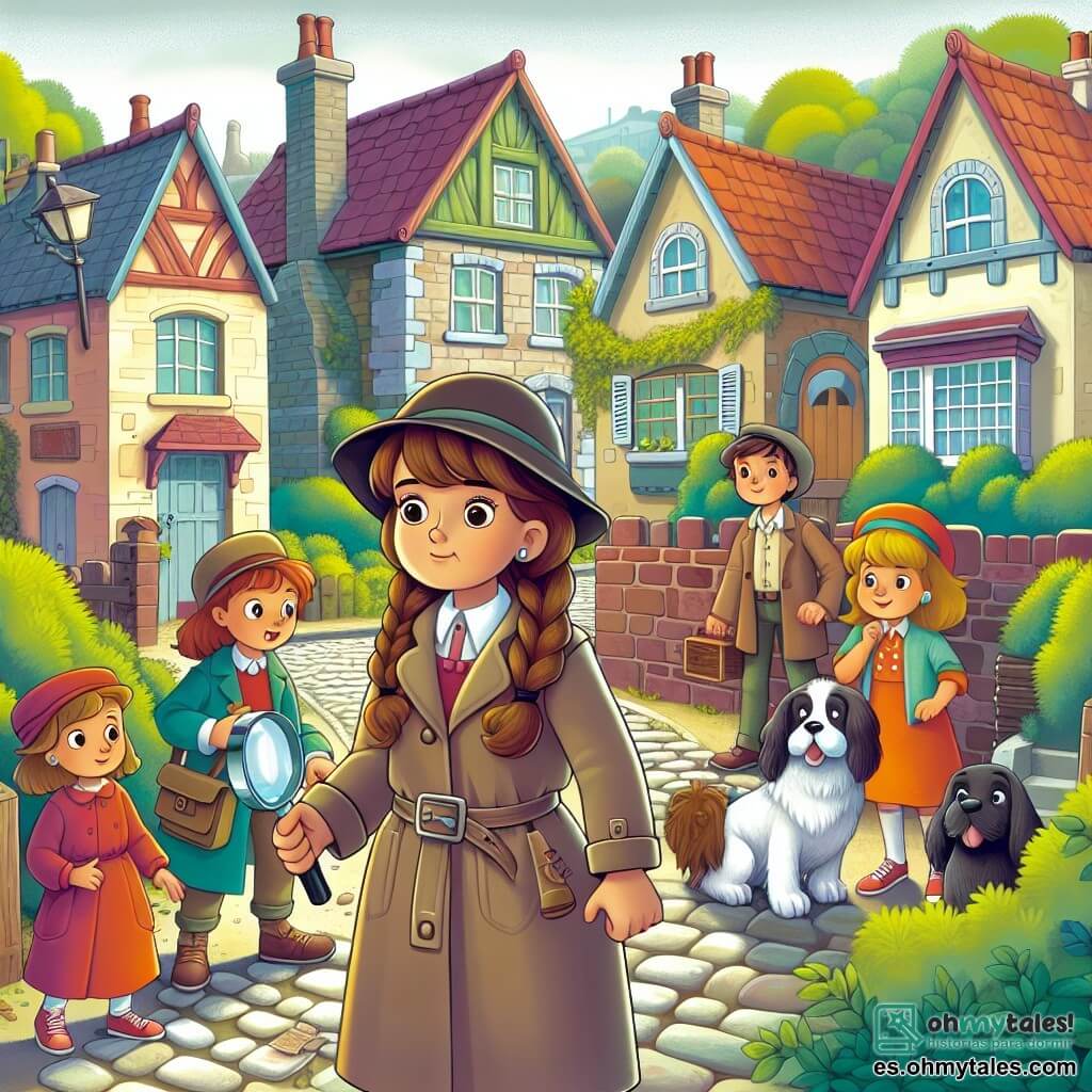Une illustration destinée aux enfants représentant une jeune détective curieuse explorant une mystérieuse maison abandonnée avec l'aide de ses fidèles amis, dans le paisible village de Villa Esperanza, aux ruelles pavées et aux maisons colorées.