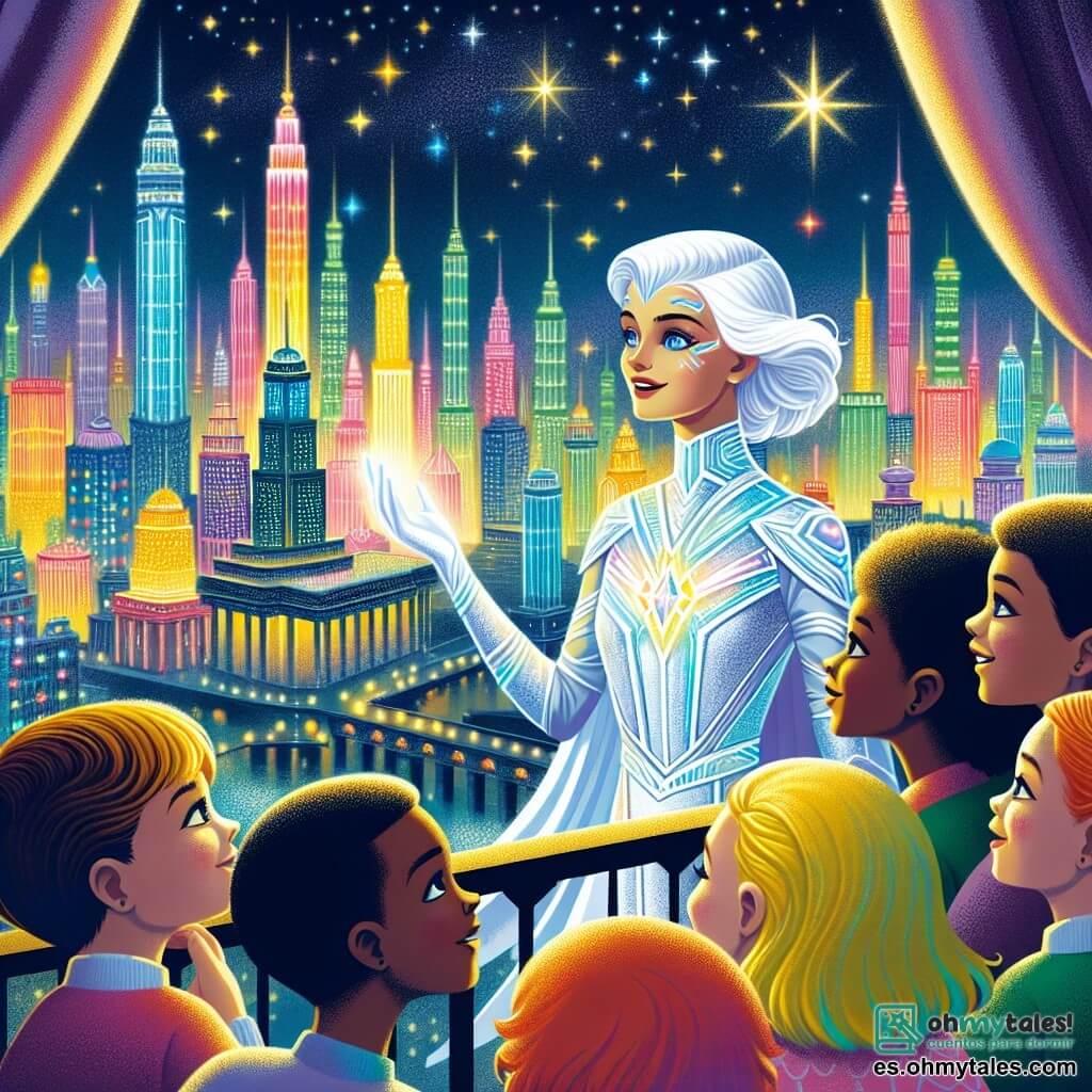 Une illustration sous forme de dessin destinée aux enfants représentant la vibrante et colorée Ville des Brillons, avec des tours de cristal scintillantes sous un ciel étoilé, où une femme aux longs cheveux argentés et aux yeux bleus éclatants, vêtue d'un costume de super-héroïne lumineux, se tient fièrement sur un balcon, observant la ville avec un sourire déterminé, tandis qu'un groupe de jeunes enfants aux cheveux colorés et aux visages émerveillés l'entoure, écoutant attentivement ses histoires de courage et d'aventures, illustrant ainsi le moment où elle décide de partager son pouvoir et son inspiration avec la communauté.