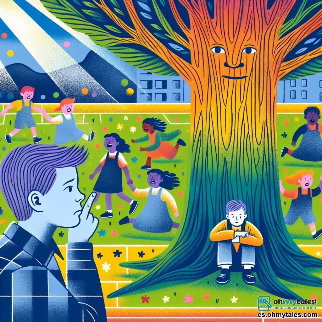 Une illustration destinée aux enfants représentant un jeune garçon solitaire, confronté à des moqueries et des insultes, avec pour seul soutien un arbre majestueux dans une cour d'école colorée et remplie de rires d'enfants.