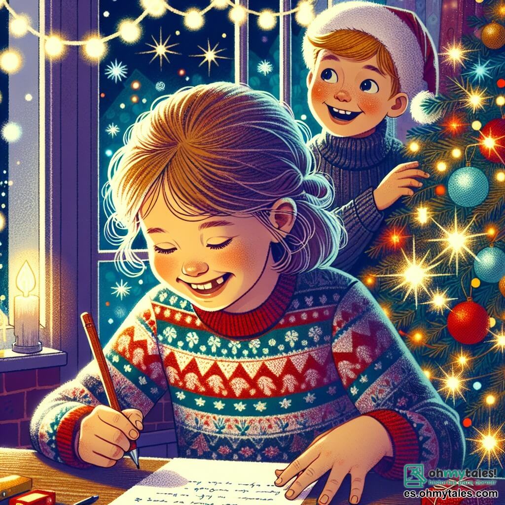 Une illustration destinée aux enfants représentant une jeune fille joyeuse écrivant une lettre à Santa Claus, avec son frère aîné regardant curieusement, dans une chambre décorée de guirlandes scintillantes et un sapin de Noël brillamment illuminé.