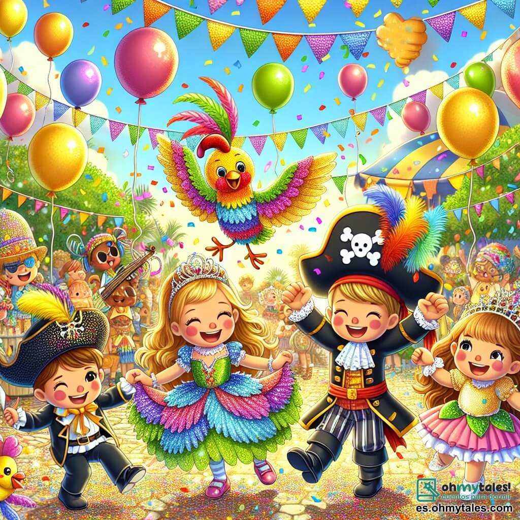 Ilustración que representa un carnaval colorido en un parque soleado, lleno de globos flotantes y guirnaldas multicolores. En el centro, un grupo de cuatro niños: un niño de seis años con cabello castaño, vestido de "pollo mágico" hecho de plumas de papel colorido, que baila alegremente. A su lado, una niña de seis años con cabello rubio, vestida de princesa brillante, sonríe y aplaude. Otro niño de seis años, disfrazado de pirata con un sombrero negro y un pañuelo, hace gestos de valentía. Por último, una niña de seis años con cabello castaño, vestida con un vestido de colores vivos, sostiene confeti en sus manos, lista para lanzarlo. La escena muestra a los niños divirtiéndose juntos, rodeados de criaturas mágicas como un pequeño dragón y hadas, mientras una gran nube colorida flota sobre ellos, añadiendo un toque de magia a la atmósfera festiva. Risas y música llenan el aire, creando un ambiente alegre y encantador.