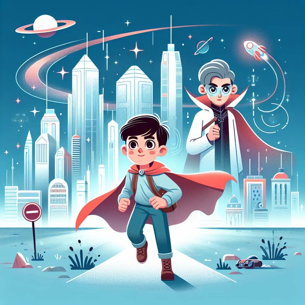 Une illustration destinée aux enfants représentant un jeune garçon intrépide, se retrouvant accidentellement propulsé dans un futur lointain, accompagné d'un mystérieux scientifique, dans une ville futuriste avec des gratte-ciel étincelants et des voitures volantes.