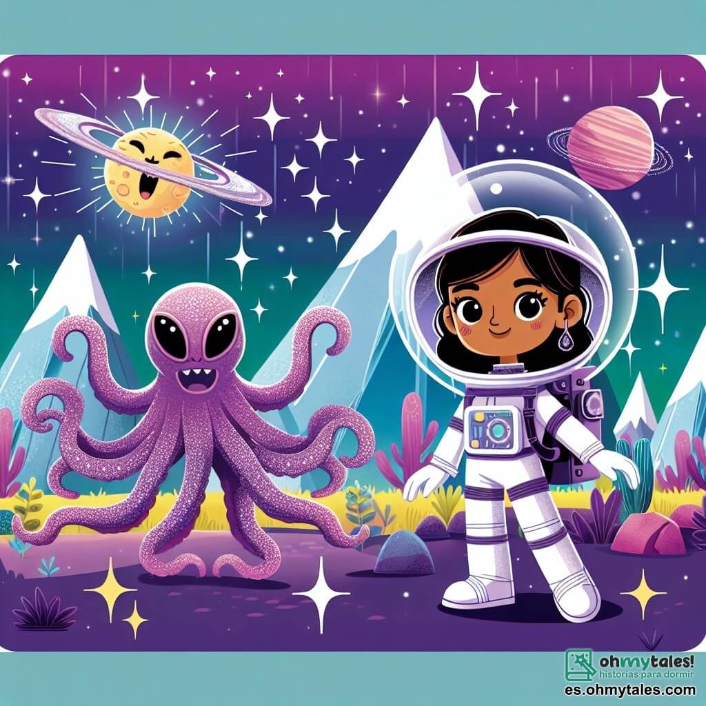 Une illustration destinée aux enfants représentant un jeune astronaute courageux, une mission de paix entre deux factions extraterrestres, une extraterrestre bienveillante aux tentacules chatoyants et des montagnes violettes scintillantes sur la planète Zorok.