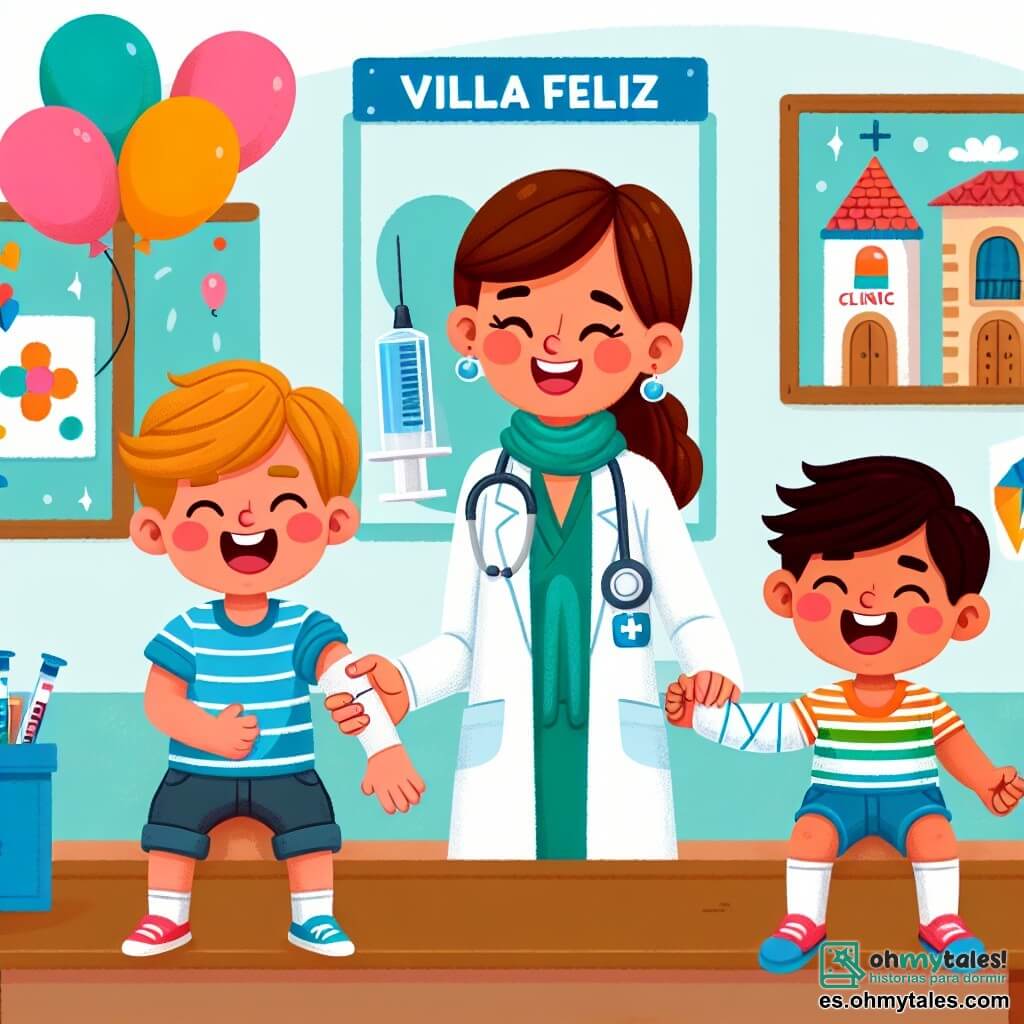 Une illustration destinée aux enfants représentant une femme médecin souriante aidant un enfant à surmonter sa peur des piqûres, accompagnée d'un petit garçon joyeux avec un bras vendé, dans un charmant consultorio médico de Villa Feliz, décoré de ballons colorés et de dessins ludiques sur les murs.