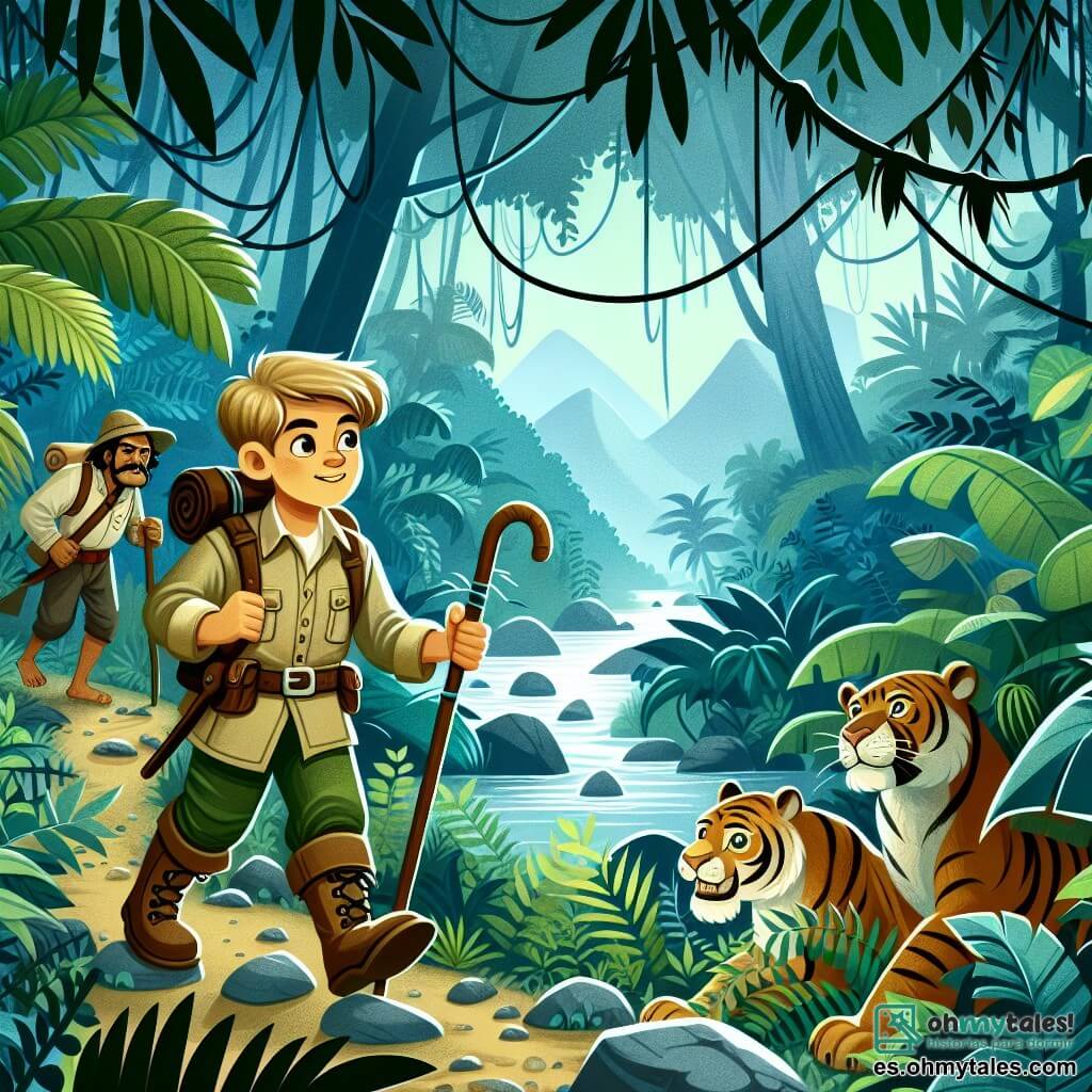 Une illustration destinée aux enfants représentant un courageux explorateur, accompagné d'un habile guide local, naviguant à travers une dense et exotique selva misteriosa remplie de plantes luxuriantes et d'animaux sauvages.