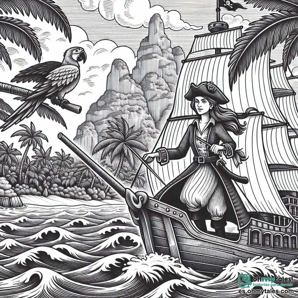 Une illustration destinée aux enfants représentant une courageuse capitaine pirate (fille) naviguant sur un navire majestueux à travers une mer agitée, accompagnée de son fidèle perroquet (garçon), vers une île mystérieuse aux palmiers touffus et aux grottes cachées.