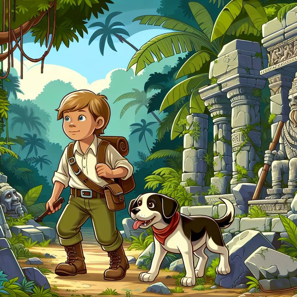 Une illustration destinée aux enfants représentant un jeune homme aventurier, accompagné de son chien fidèle, explorant les ruines mystérieuses d'une ancienne cité perdue au cœur d'une jungle luxuriante, à la recherche de trésors enfouis depuis des siècles.