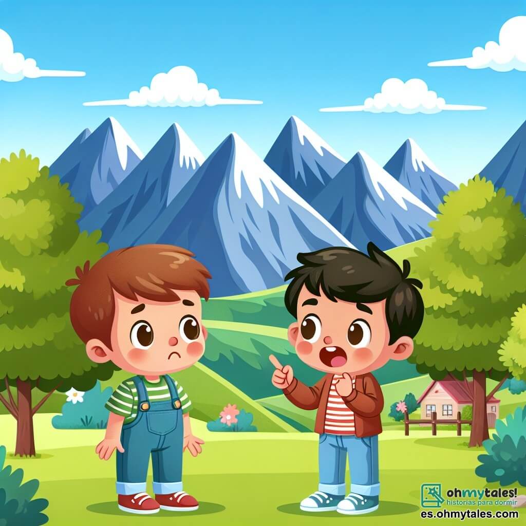 Une illustration destinée aux enfants représentant un petit garçon curieux et préoccupé par les disputes de ses parents, discutant de ses inquiétudes avec son ami dans un parc verdoyant entouré de montagnes majestueuses.