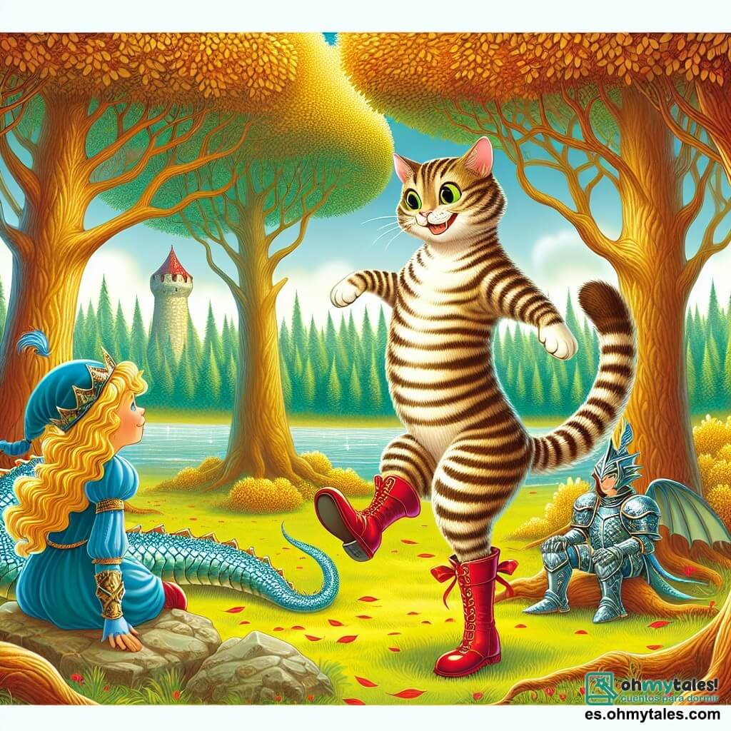 Une illustration sous forme de dessin destinée aux enfants représentant un clair de forêt enchanté, avec des arbres majestueux aux feuilles dorées, où un chat élégant aux pelages rayés et aux bottes rouges brillantes exécute des pirouettes avec un sourire malicieux, tandis qu'une jeune princesse courageuse aux cheveux longs et dorés, vêtue d'une armure légère, observe avec admiration, et un dragon aux écailles scintillantes, assis sur un rocher, regarde la scène avec curiosité, le tout capturant l'instant où le chat et la princesse unissent leurs forces pour distraire le dragon et libérer la tour enchantée.