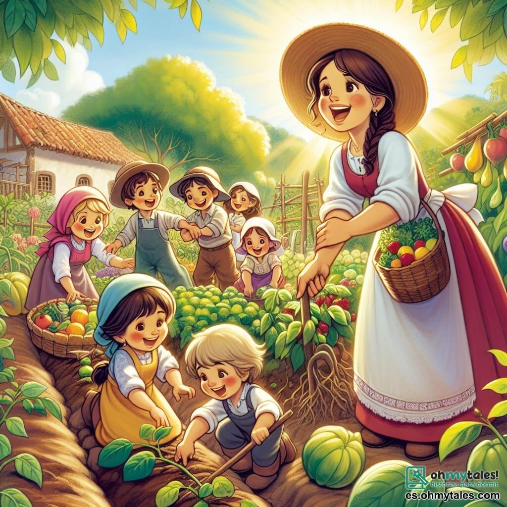 Une illustration destinée aux enfants représentant une femme agriculteur passionnée, accompagnée de jeunes enfants joyeux, travaillant ensemble dans un magnifique huerto verdoyant du village de Valle Verde.
